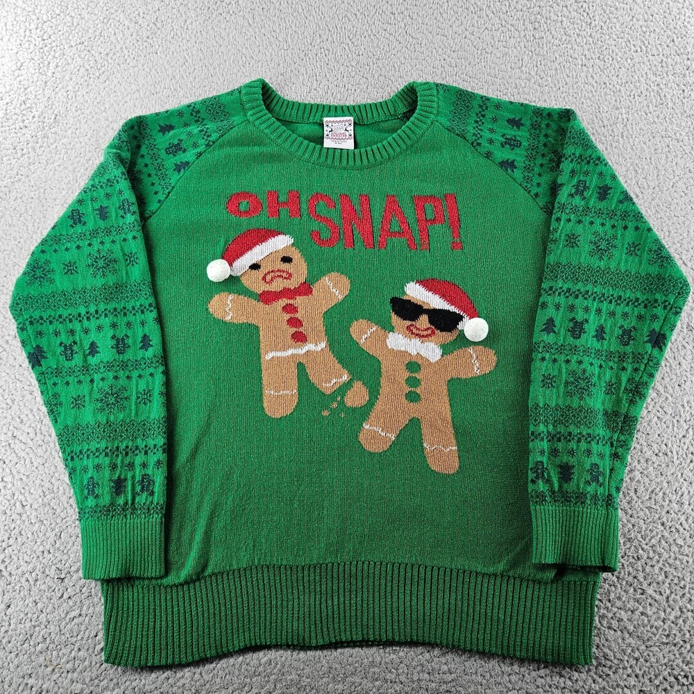 Ugly Christmas Sweater Womens XXL Green Fair Isle Gingerbread Man Oh Snap